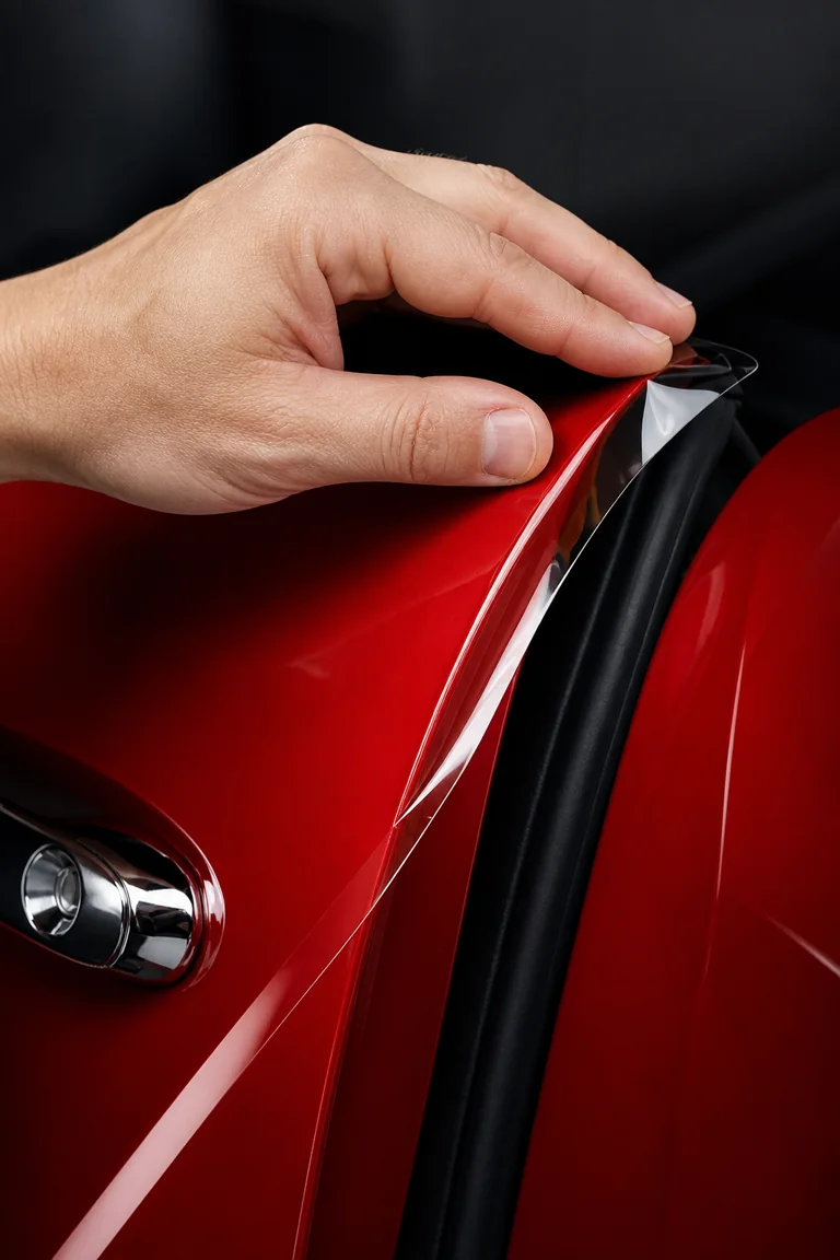 Aplicação de PPF transparente no cantinho da porta de um carro vermelho